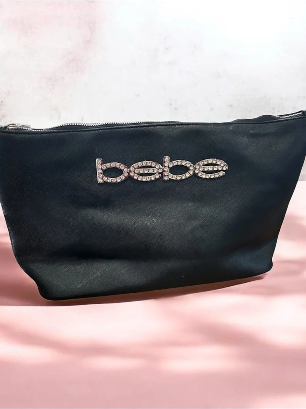Bebe Black Saffiano Cosmetic Bag Rhinestone Logo Makeup Pouch